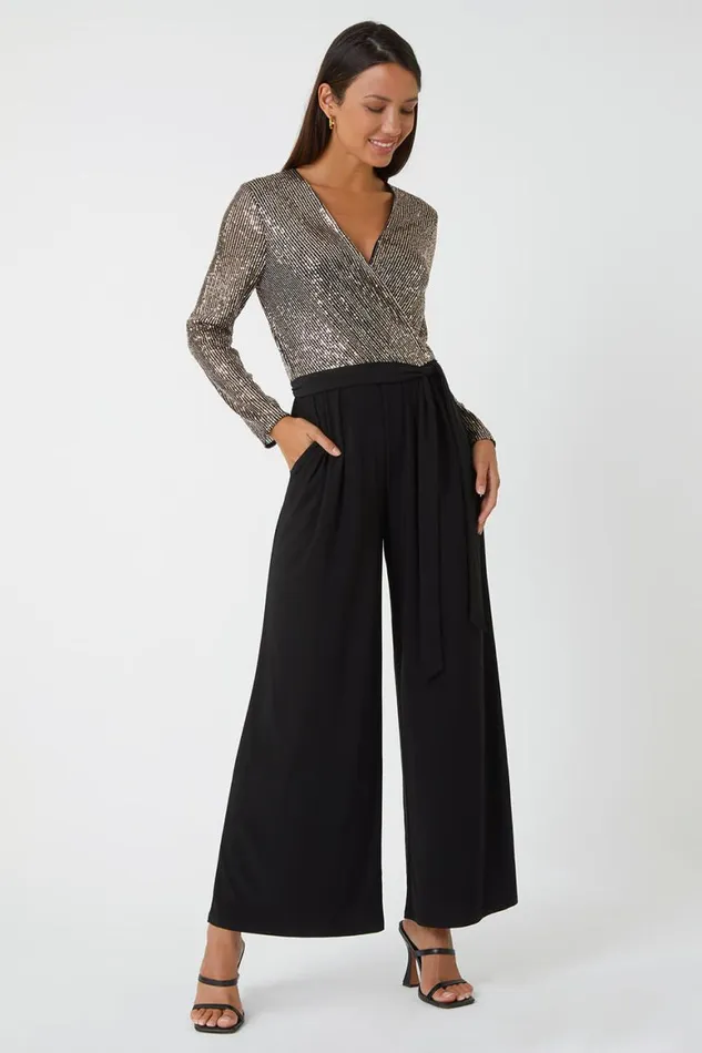 Women Bronze Sequin Wrap Wide Leg Stretch Jumpsuit Roman Jumpsuits and Playsuits