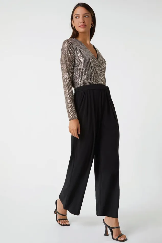 Women Bronze Sequin Wrap Wide Leg Stretch Jumpsuit Roman Jumpsuits and Playsuits