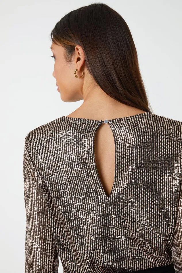 Women Bronze Sequin Wrap Wide Leg Stretch Jumpsuit Roman Jumpsuits and Playsuits