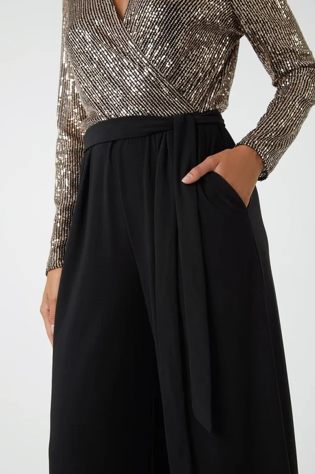 Women Bronze Sequin Wrap Wide Leg Stretch Jumpsuit Roman Jumpsuits and Playsuits