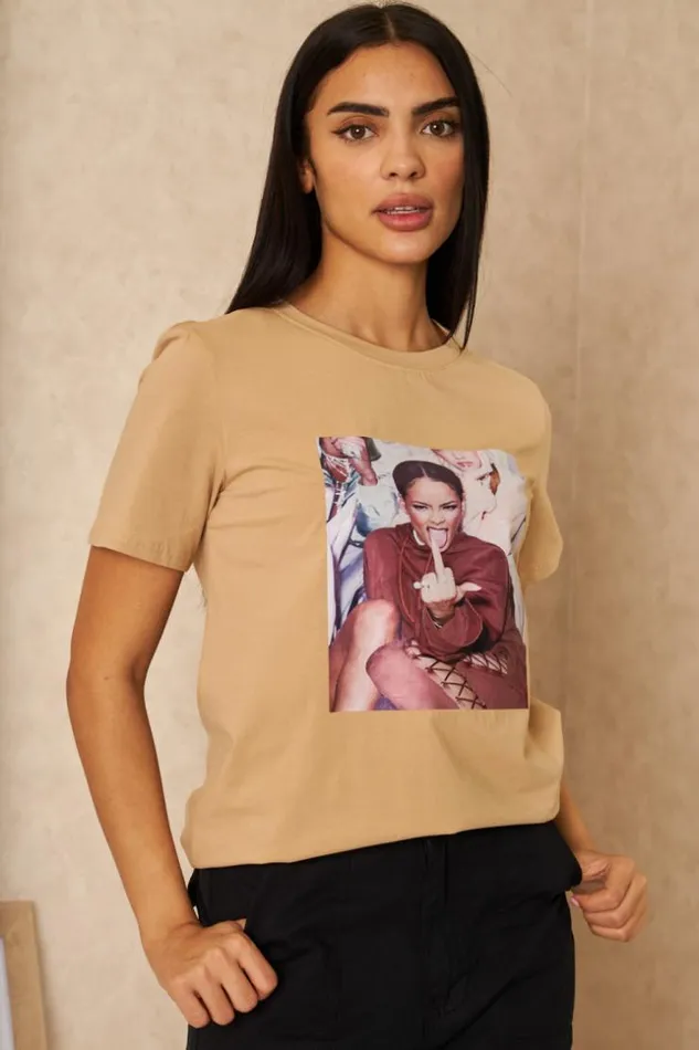 Women Brown 034Rihanna034 TShirt Brown Brentiny Paris TShirts