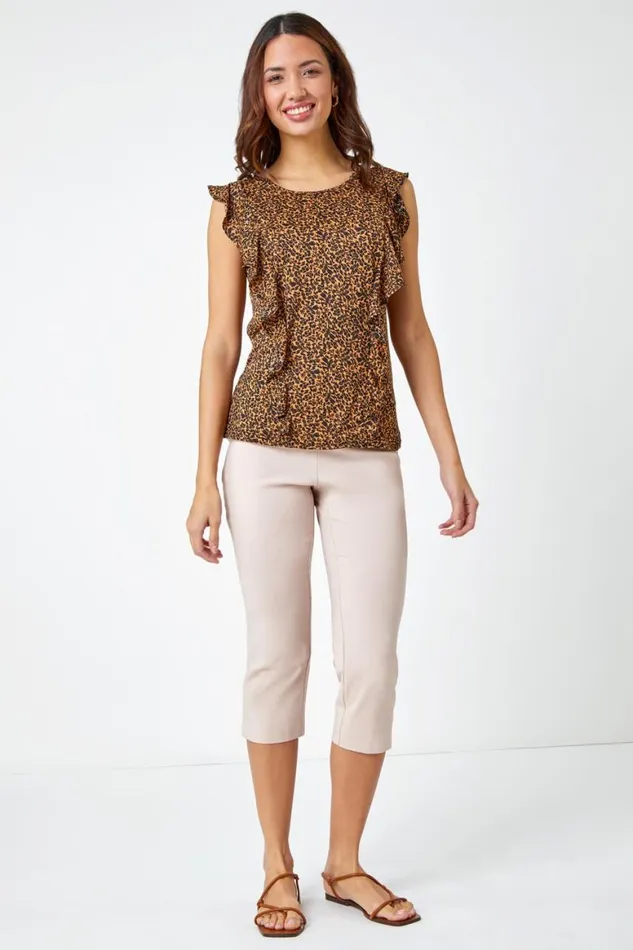 Women Brown Leopard Print Frill Detail Jersey Top Roman Tops