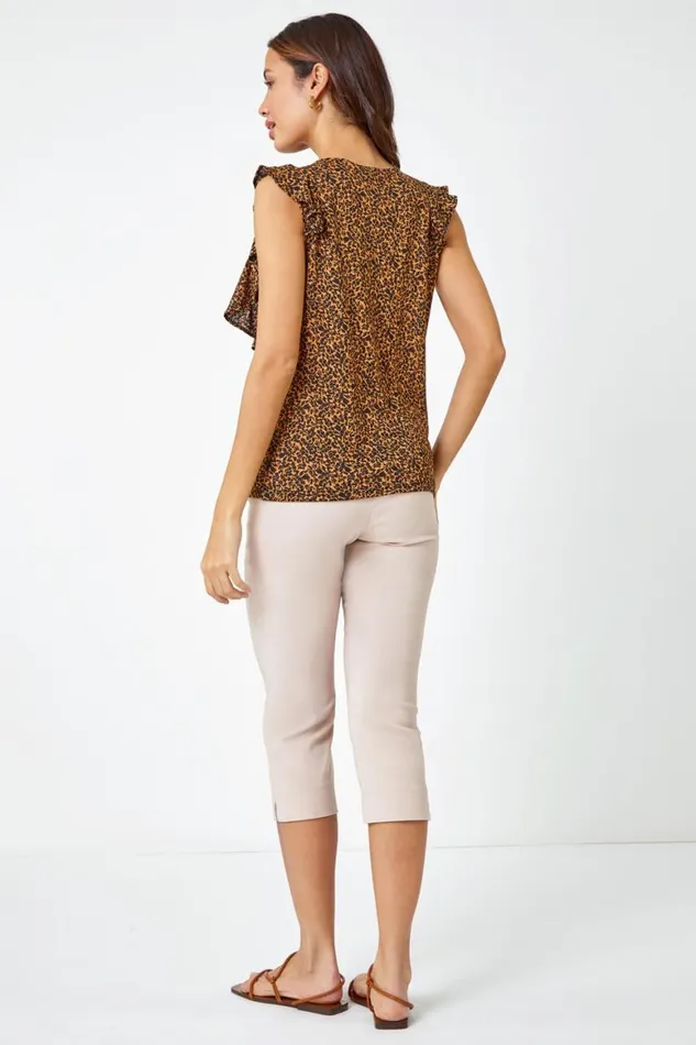 Women Brown Leopard Print Frill Detail Jersey Top Roman Tops