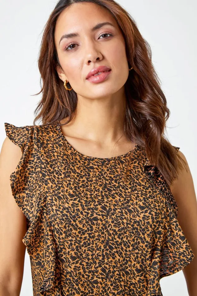 Women Brown Leopard Print Frill Detail Jersey Top Roman Tops