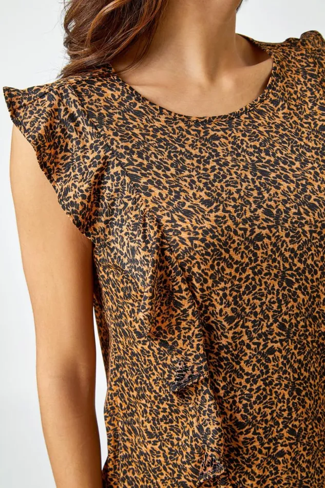 Women Brown Leopard Print Frill Detail Jersey Top Roman Tops
