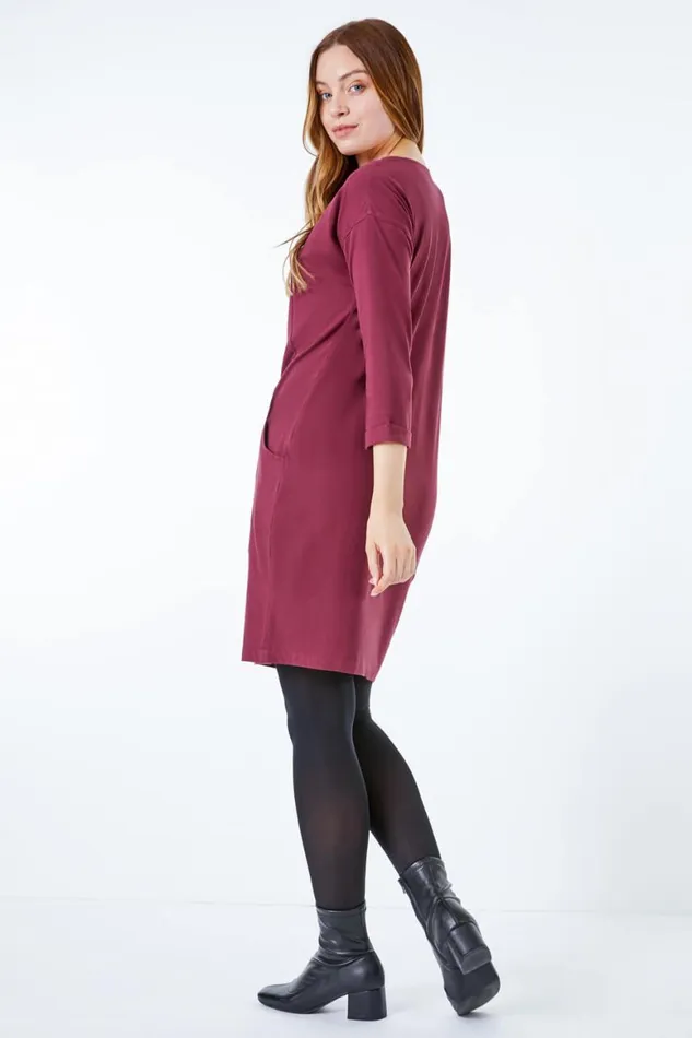 Women Burgundy Cotton Jersey Tunic Pocket Dress Roman Dresses