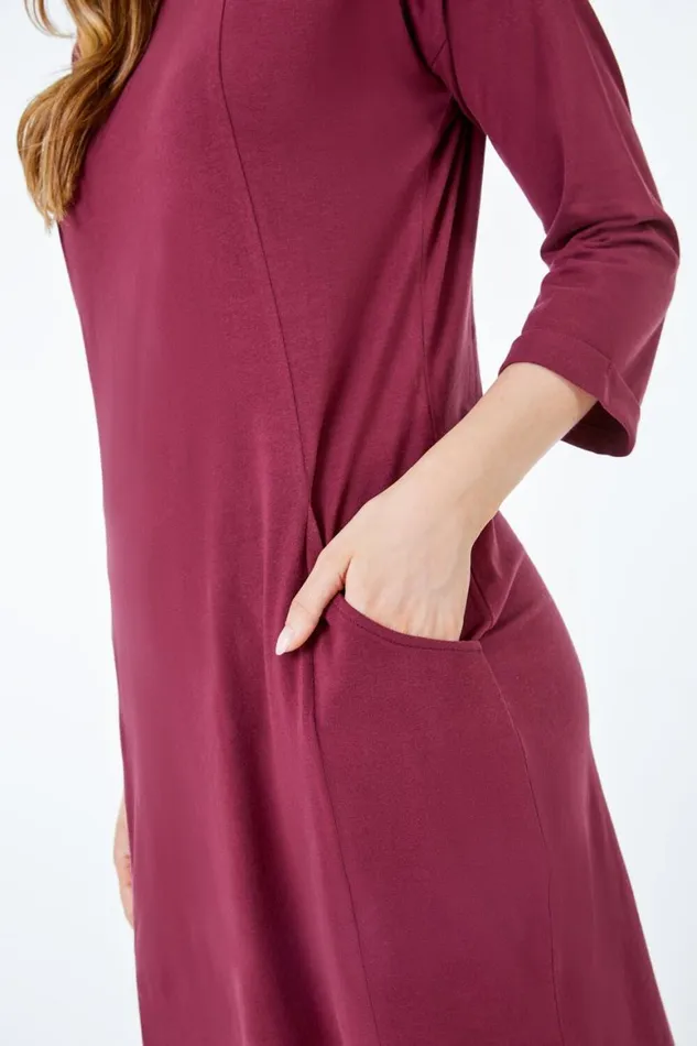 Women Burgundy Cotton Jersey Tunic Pocket Dress Roman Dresses