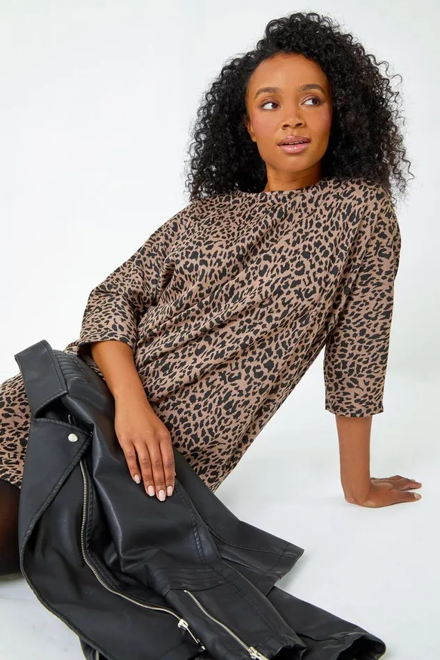 Women Camel Petite Leopard Print Slouch Stretch Dress Roman Dresses