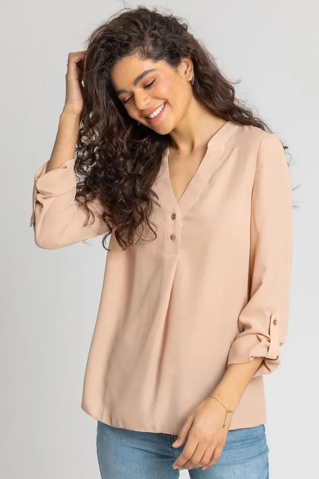 Women Camel Plain Buttoned Notch Neck Top Roman Tops