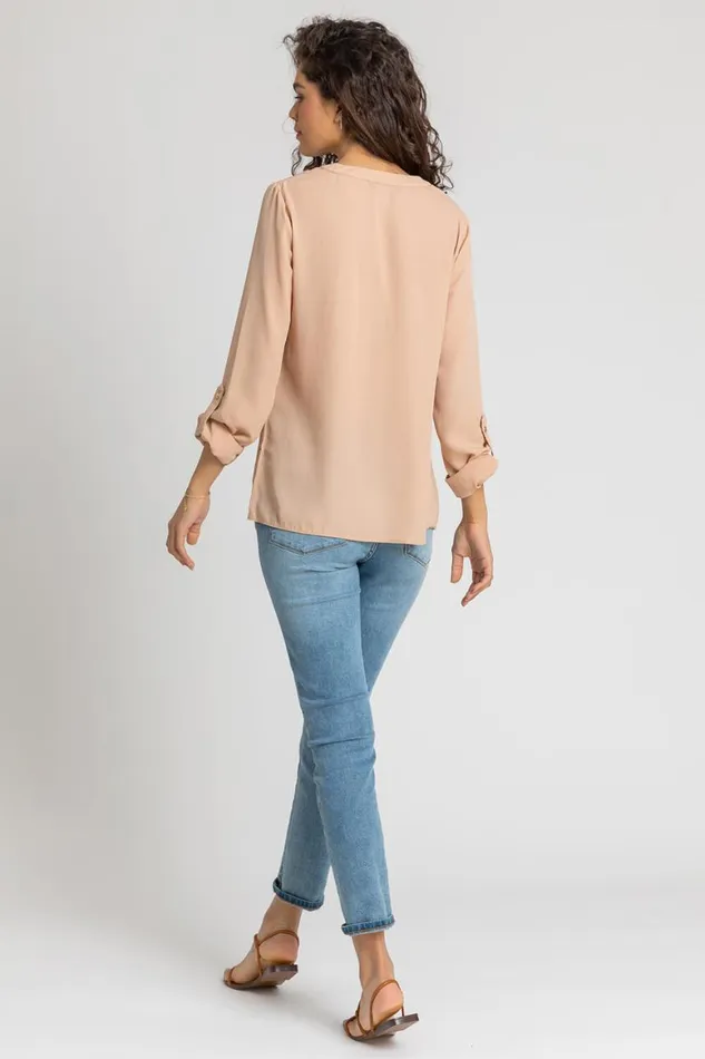 Women Camel Plain Buttoned Notch Neck Top Roman Tops