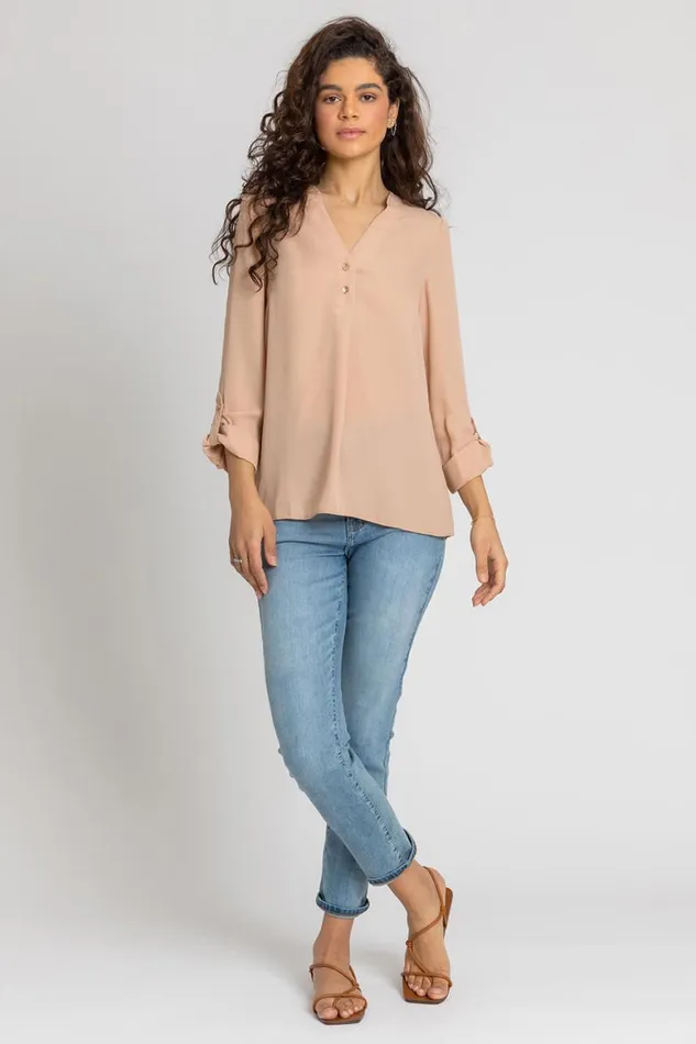 Women Camel Plain Buttoned Notch Neck Top Roman Tops