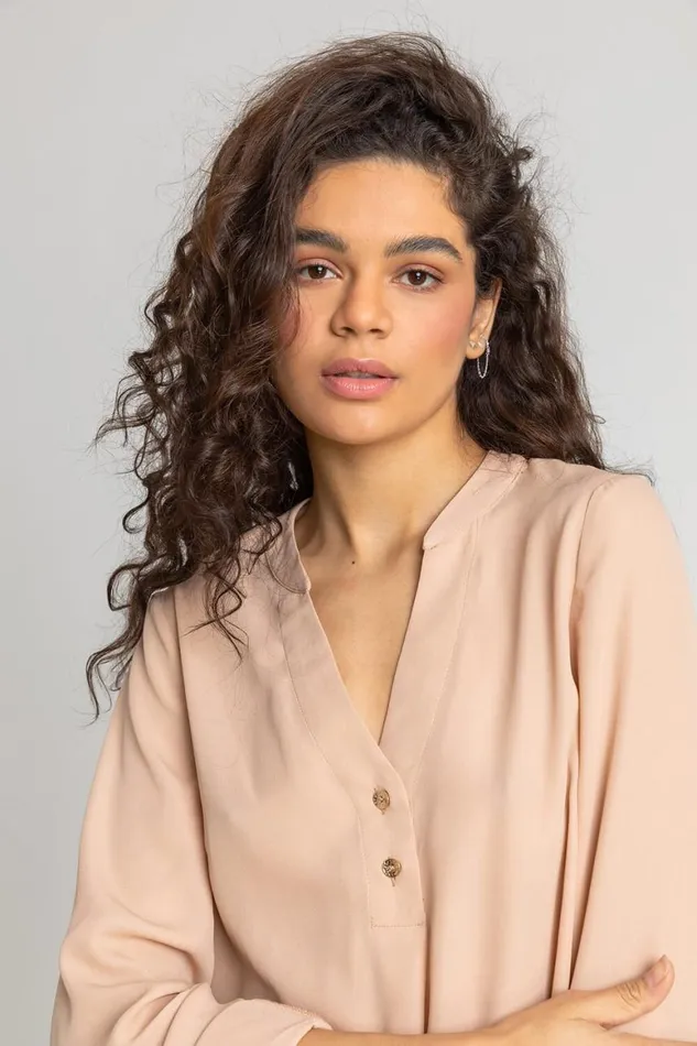 Women Camel Plain Buttoned Notch Neck Top Roman Tops
