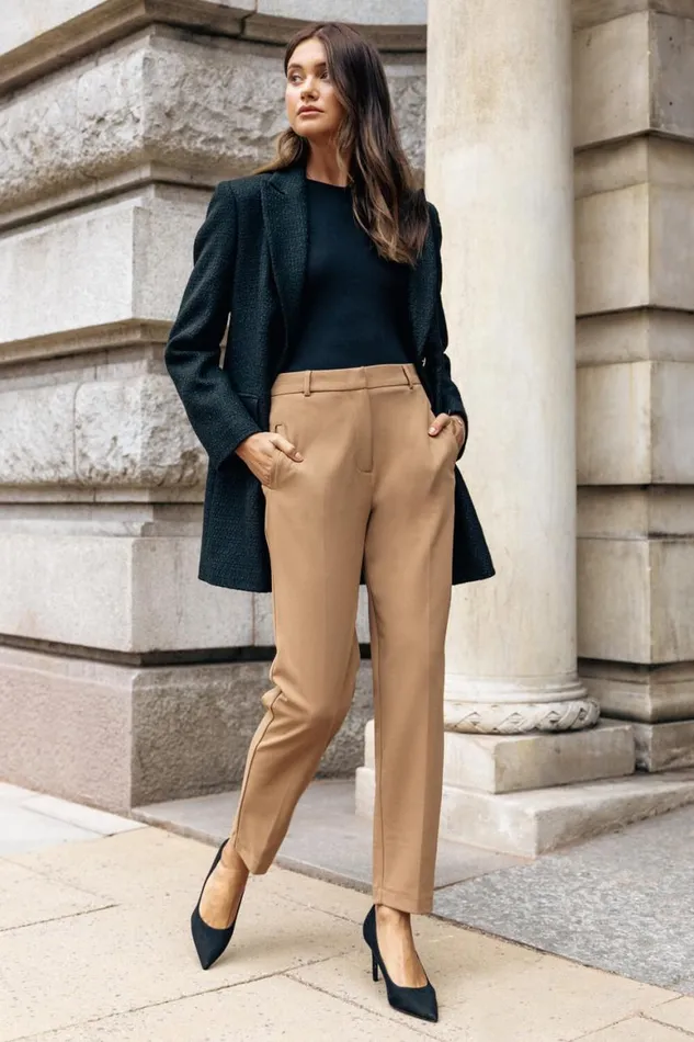 Women Camel Straight Leg Stretch Trouser Roman Trousers
