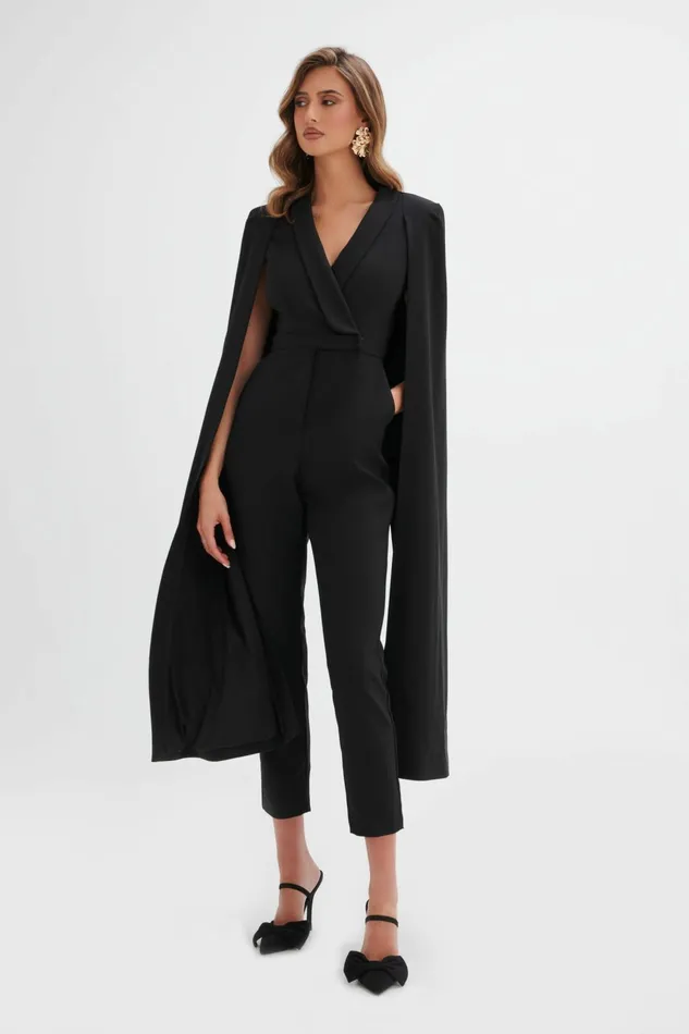 Women Cape Dresses Lavish Alice RAYNA Cape Style Tailored Jumpsuit In Black Black