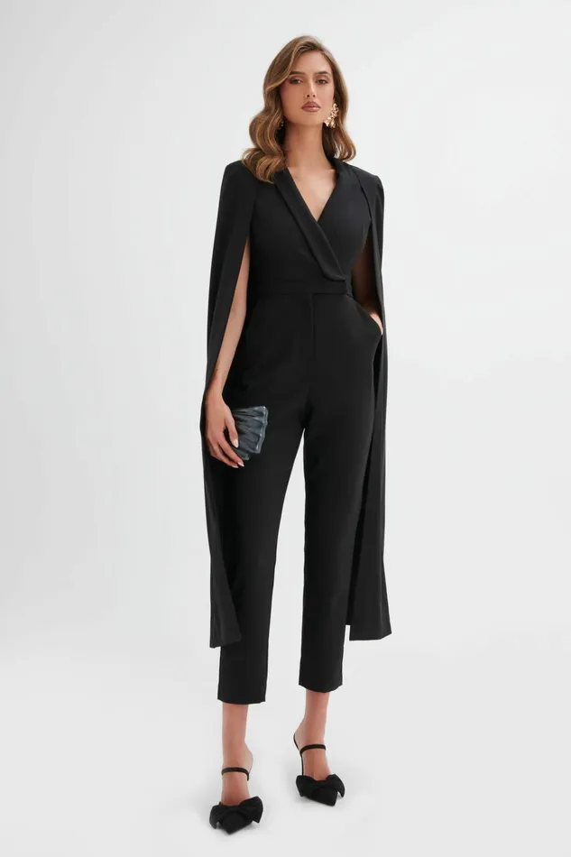 Women Cape Dresses Lavish Alice RAYNA Cape Style Tailored Jumpsuit In Black Black