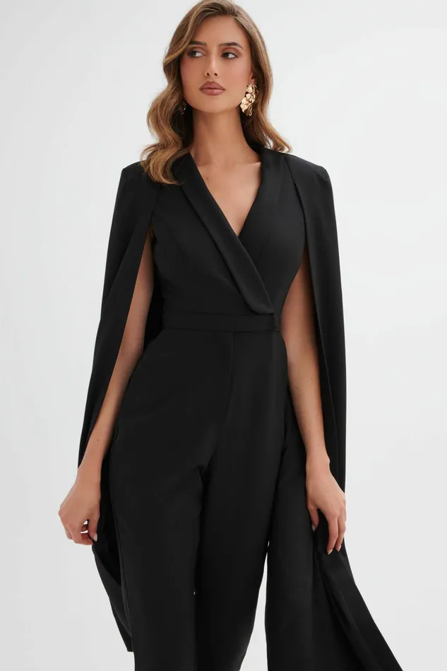 Women Cape Dresses Lavish Alice RAYNA Cape Style Tailored Jumpsuit In Black Black