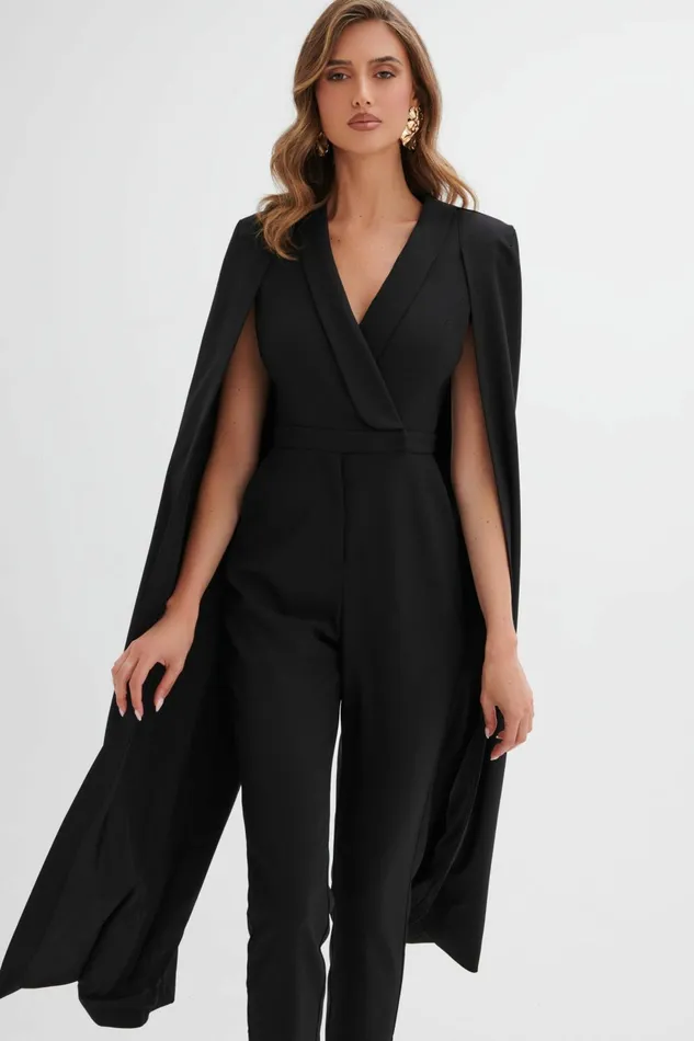 Women Cape Dresses Lavish Alice RAYNA Cape Style Tailored Jumpsuit In Black Black
