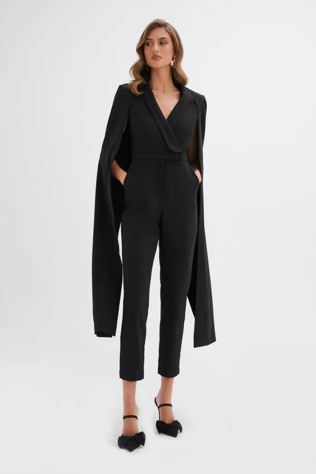 Women Cape Dresses Lavish Alice RAYNA Cape Style Tailored Jumpsuit In Black Black