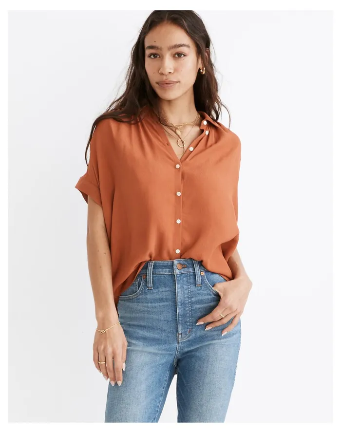 Women Central Drapey Shirt Afterglow Red Madewell Tops and Shirts Women Central Drapey Shirt Afterglow Red Madewell Tops and Shirts