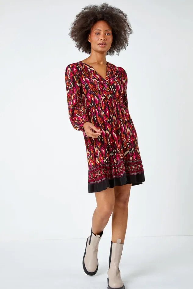 Women Cerise Aztec Border Print Stretch Dress Roman Dresses