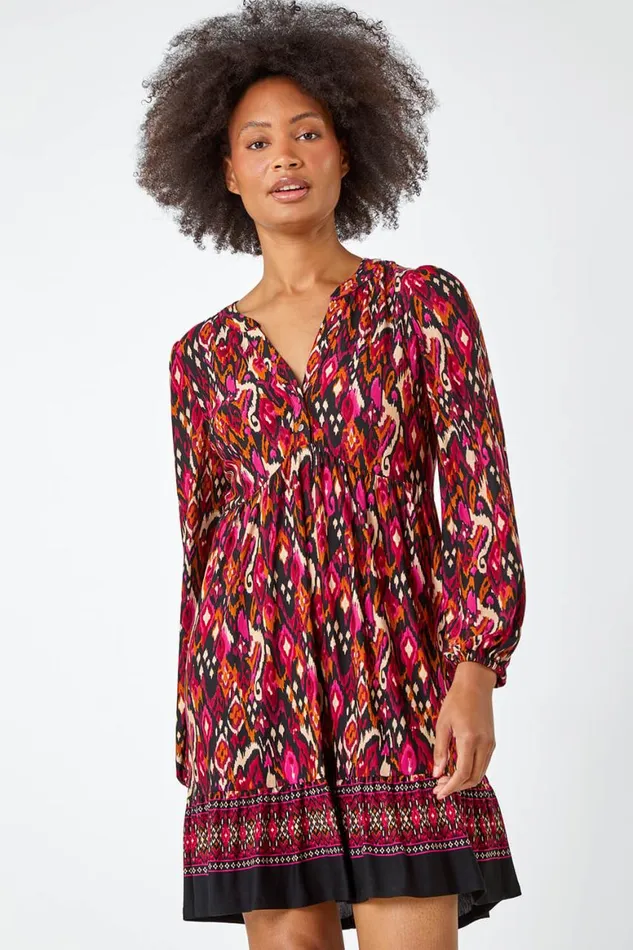Women Cerise Aztec Border Print Stretch Dress Roman Dresses