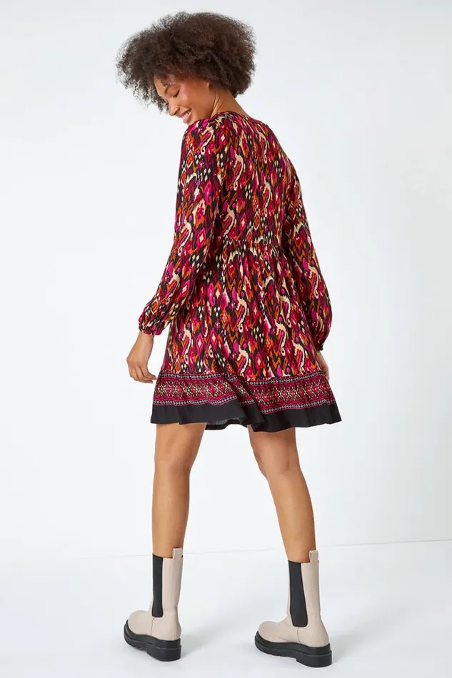 Women Cerise Aztec Border Print Stretch Dress Roman Dresses
