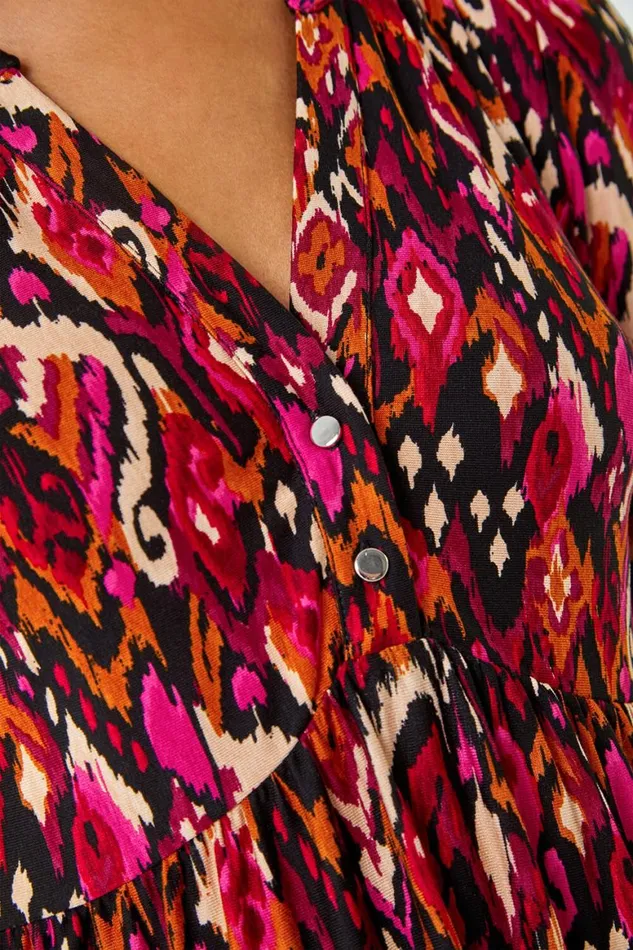 Women Cerise Aztec Border Print Stretch Dress Roman Dresses