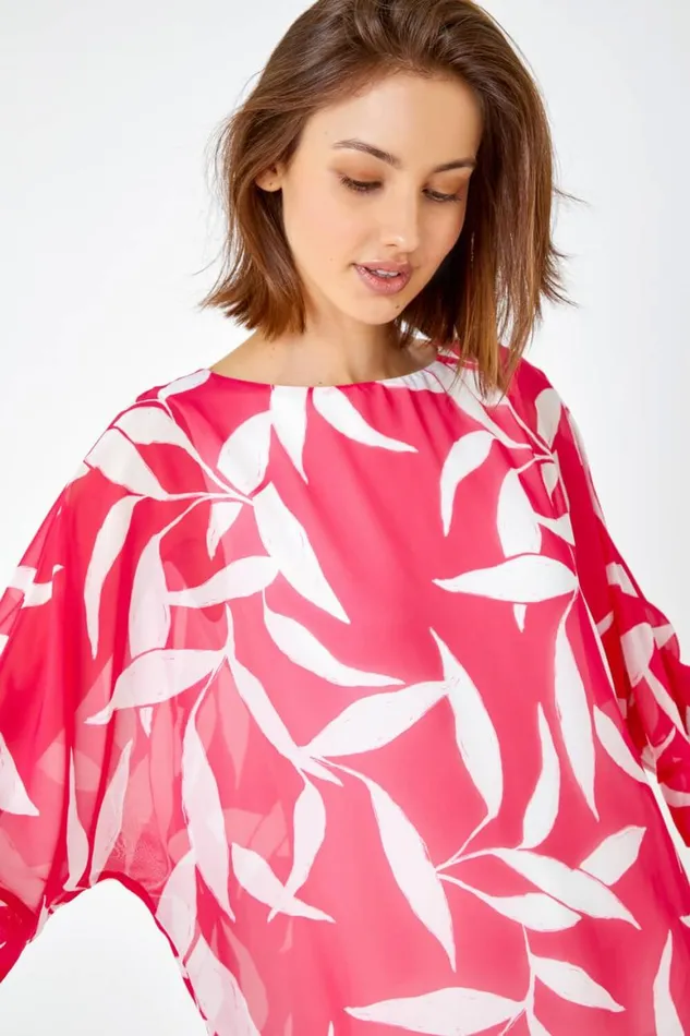 Women Cerise Leaf Print Chiffon Overlay Top Roman Tops