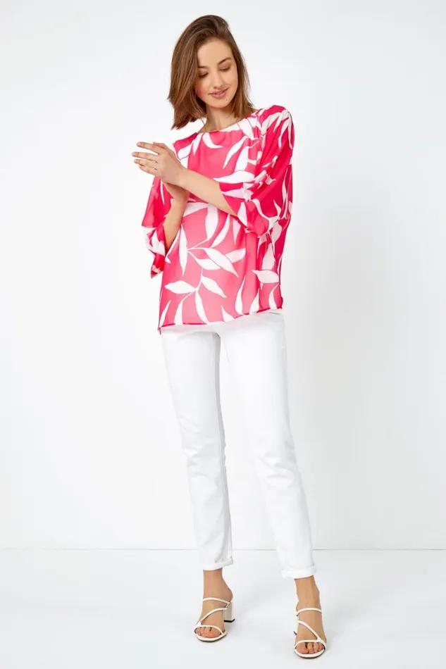 Women Cerise Leaf Print Chiffon Overlay Top Roman Tops