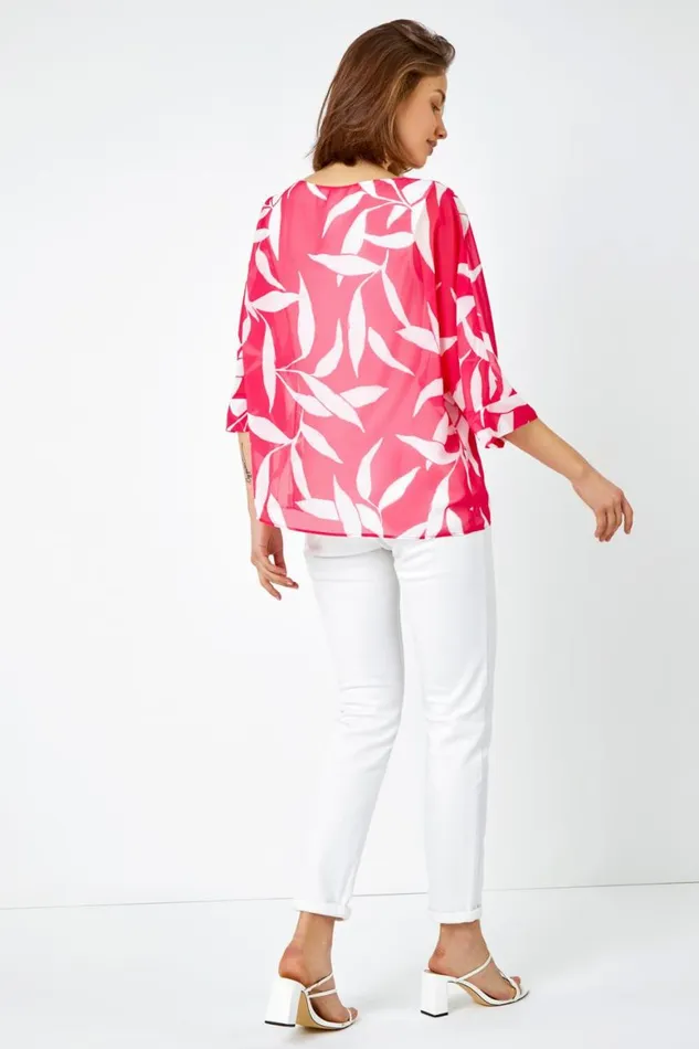 Women Cerise Leaf Print Chiffon Overlay Top Roman Tops