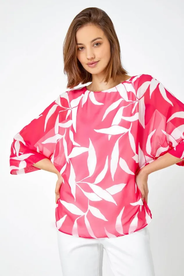 Women Cerise Leaf Print Chiffon Overlay Top Roman Tops
