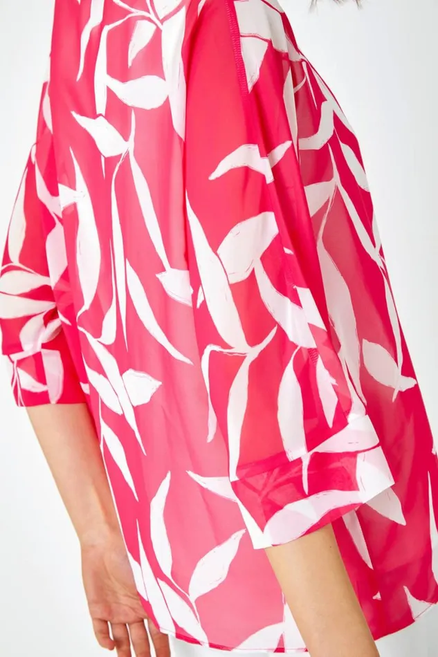 Women Cerise Leaf Print Chiffon Overlay Top Roman Tops