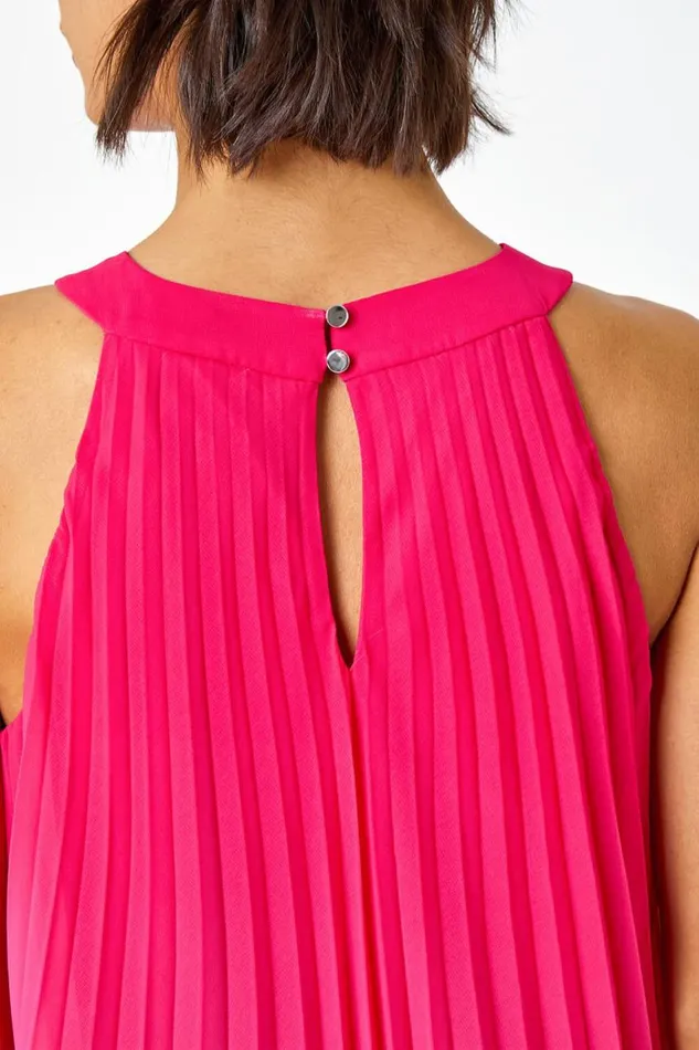 Women Cerise Ombre Halter Neck Pleated Swing Dress Roman Dresses