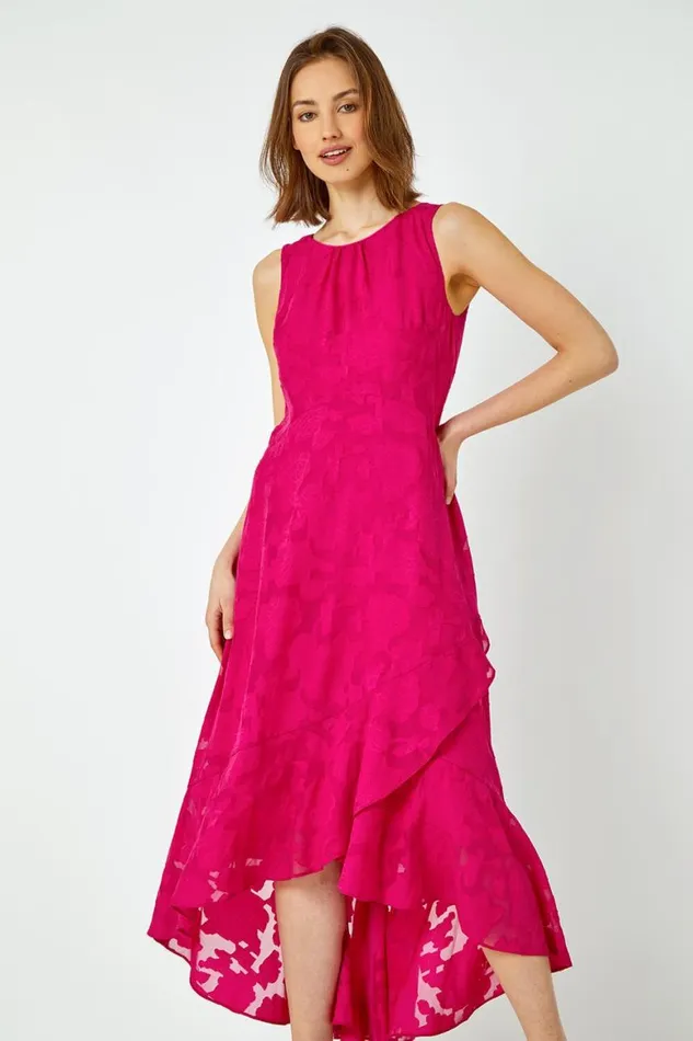 Women Cerise Sleeveless Jacquard Dipped Hem Midi Dress Roman Occasionwear