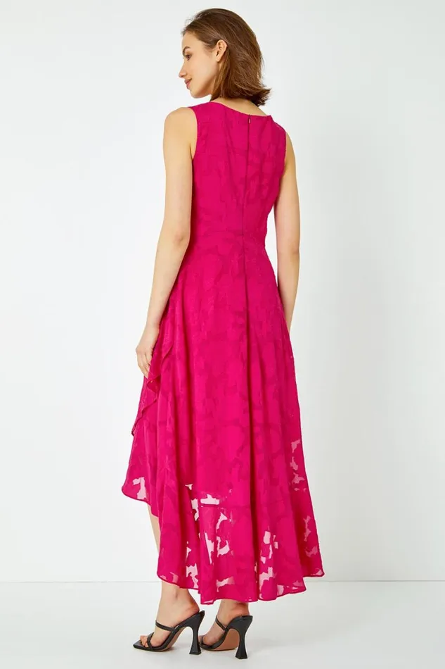 Women Cerise Sleeveless Jacquard Dipped Hem Midi Dress Roman Occasionwear