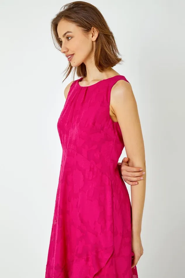 Women Cerise Sleeveless Jacquard Dipped Hem Midi Dress Roman Occasionwear