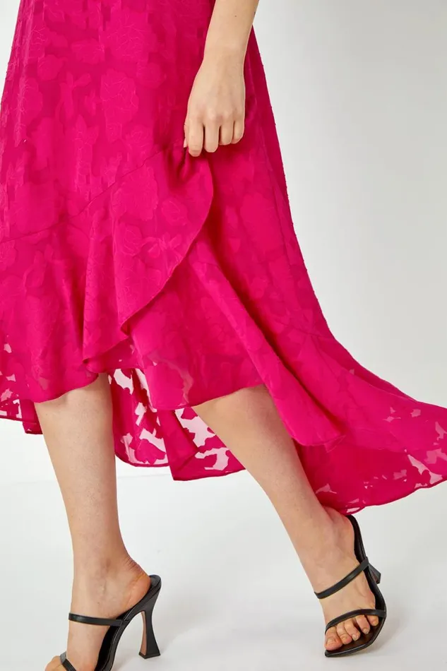 Women Cerise Sleeveless Jacquard Dipped Hem Midi Dress Roman Occasionwear
