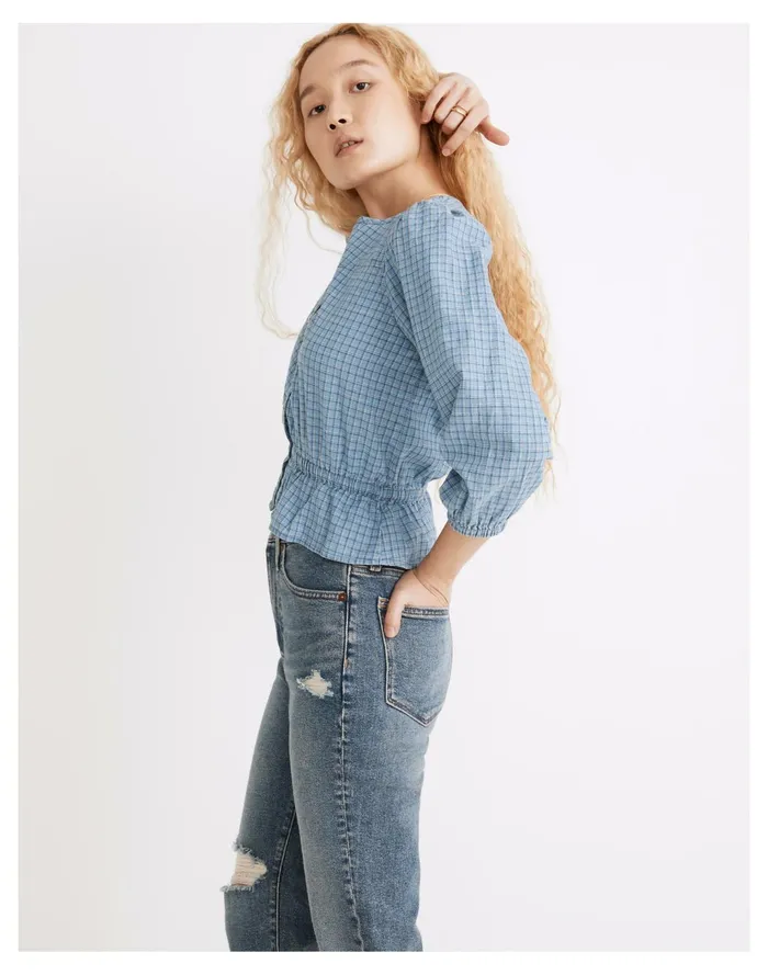 Women Chambray Puff Sleeve Peplum Top In Windowpane Thea Windowpane Madewell Tops and Shirts Women Chambray Puff Sleeve Peplum Top In Windowpane Thea Windowpane Madewell Tops and Shirts