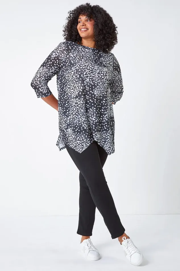 Women Charcoal Curve Animal Print Stretch Tunic Top Roman Tops