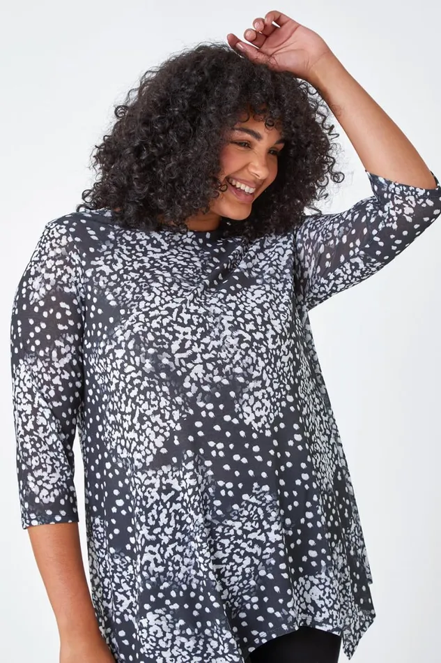 Women Charcoal Curve Animal Print Stretch Tunic Top Roman Tops