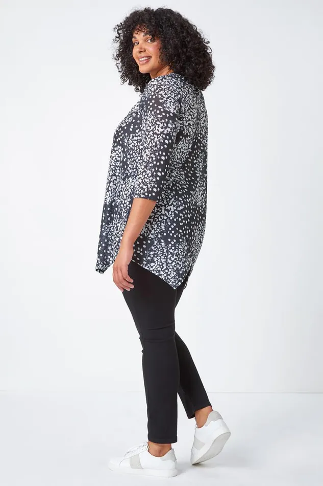 Women Charcoal Curve Animal Print Stretch Tunic Top Roman Tops