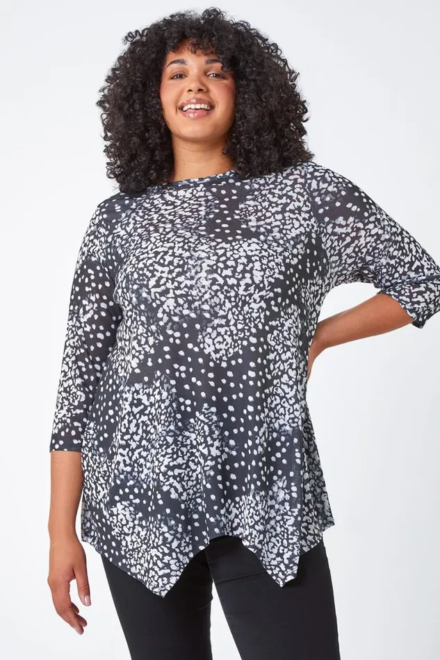 Women Charcoal Curve Animal Print Stretch Tunic Top Roman Tops