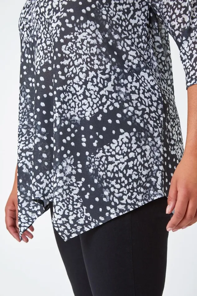Women Charcoal Curve Animal Print Stretch Tunic Top Roman Tops