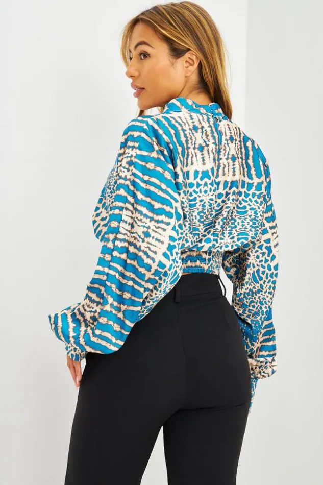 Women Chemise Courte Satine Bleue Crop Col Montant Imprim Animalier Blue Brentiny Paris Shirts and Blouses Women Chemise Courte Satine Bleue Crop Col Montant Imprim Animalier Blue Brentiny Paris Shirts and Blouses