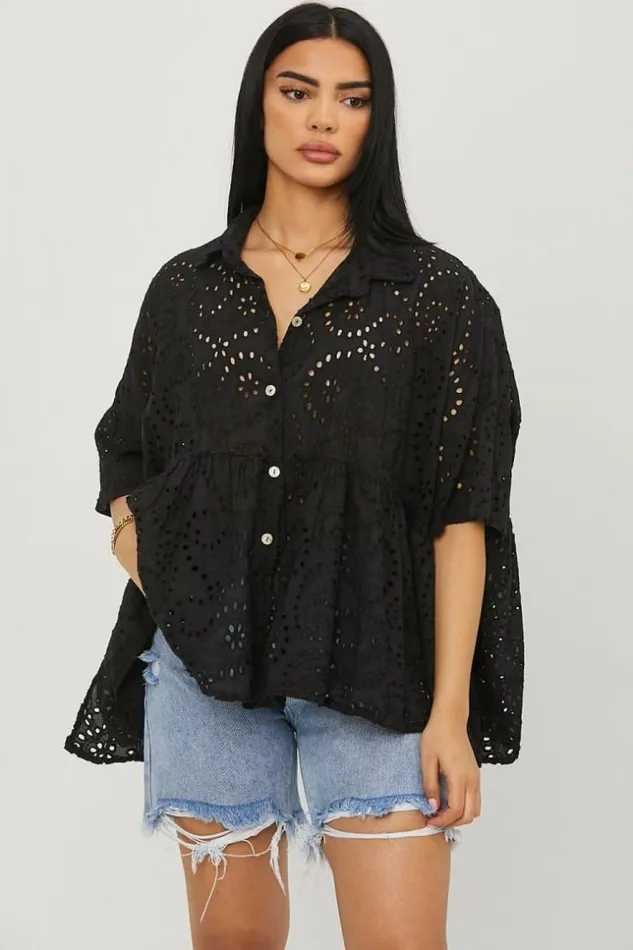 Women Chemise Noire Dtails Crochets Black Brentiny Paris Shirts and Blouses
