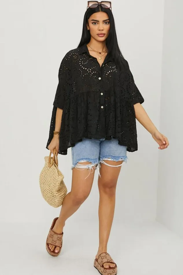 Women Chemise Noire Dtails Crochets Black Brentiny Paris Shirts and Blouses
