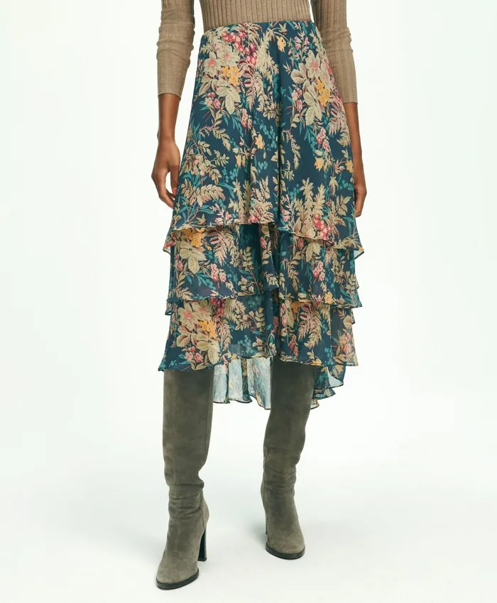 Women Chiffon Fern Print Tiered ALine Skirt Multi Brooks Brothers Pants and Skirts