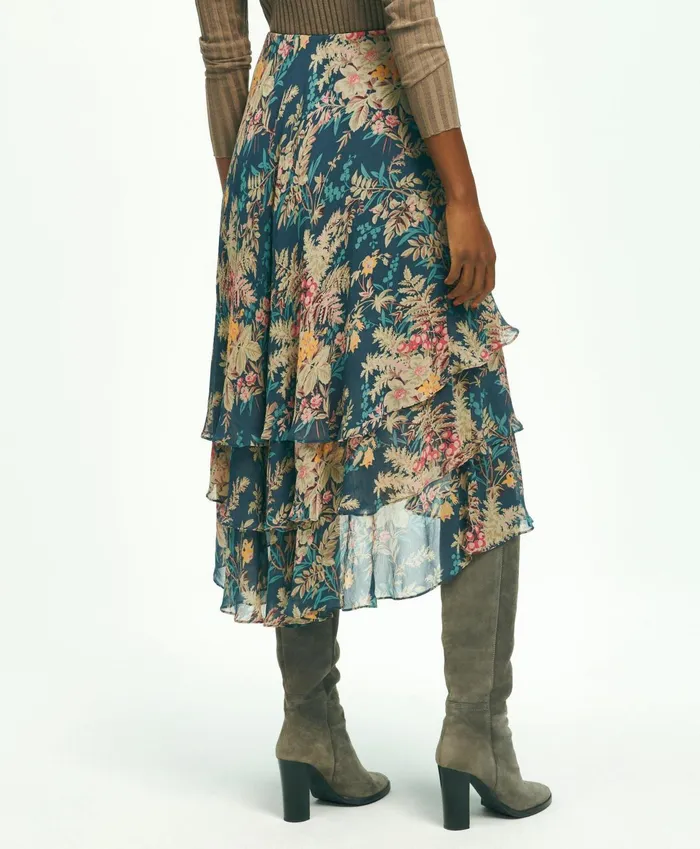 Women Chiffon Fern Print Tiered ALine Skirt Multi Brooks Brothers Pants and Skirts