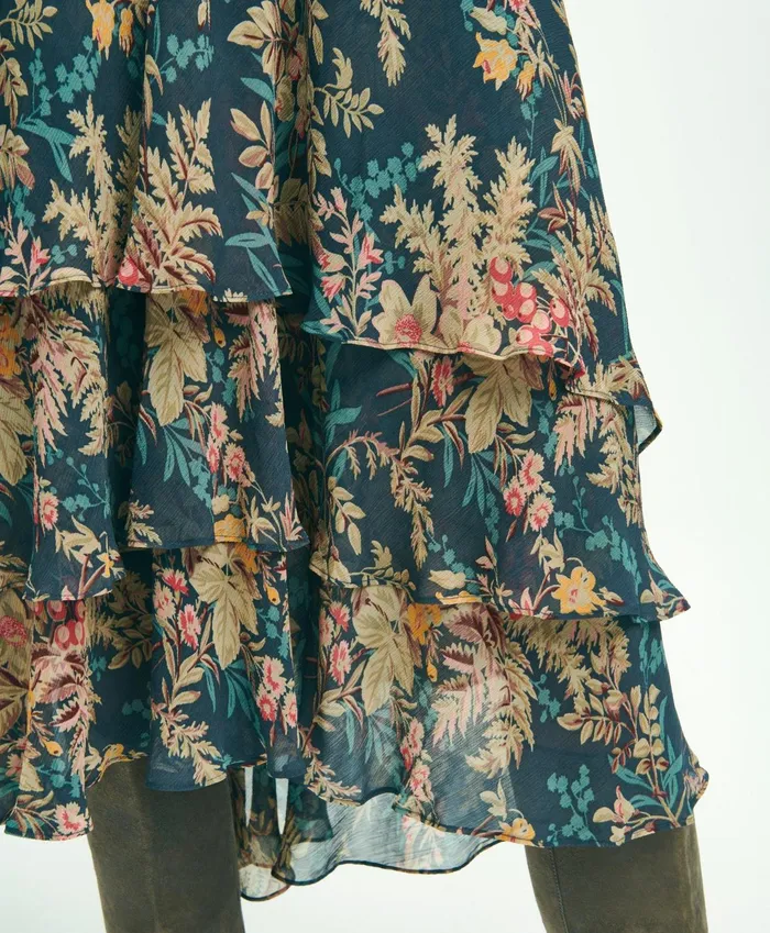 Women Chiffon Fern Print Tiered ALine Skirt Multi Brooks Brothers Pants and Skirts
