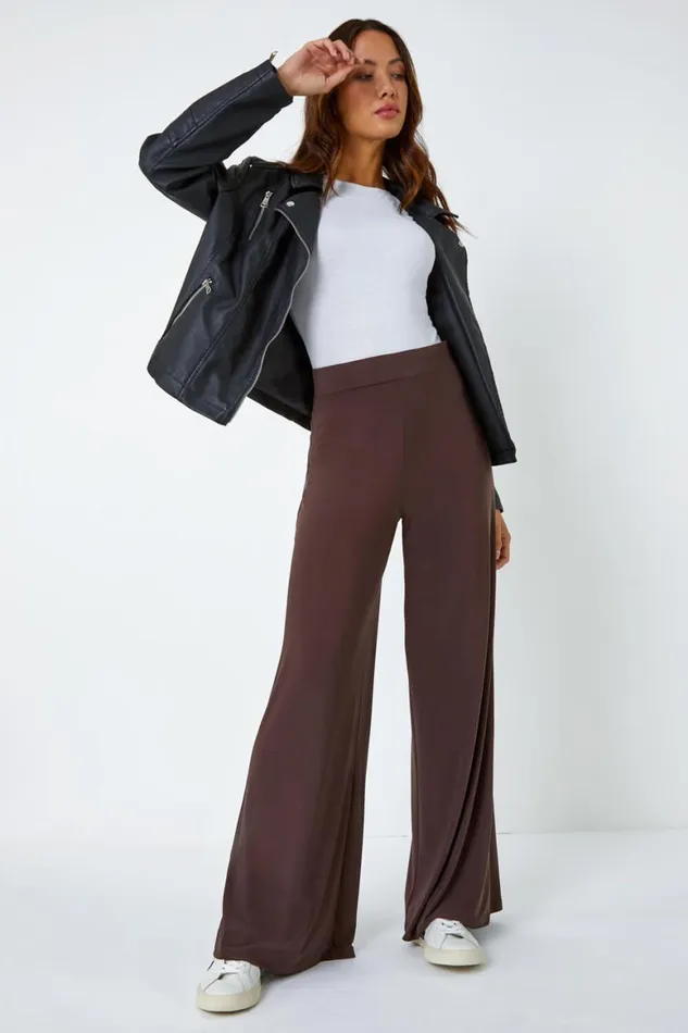 Women Chocolate Wide Leg Stretch Trousers Roman Trousers
